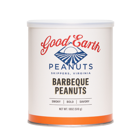 A 18 oz can of Good Earth Barbeque Peanuts on a clean white background. The can features a white label with red, blue, and black text, and a bright orange band at the bottom.