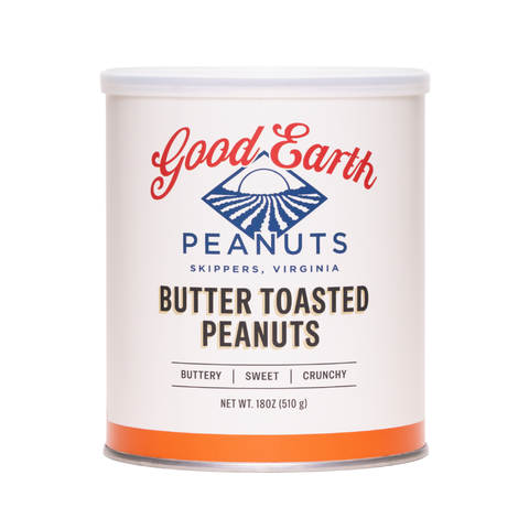 A white cylindrical canister of Good Earth Peanuts Butter Toasted Peanuts, featuring a white lid and a label with red, blue, and black text, set against a plain white background.