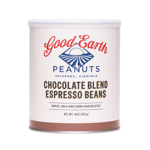 A white cylindrical canister of Good Earth Peanuts Chocolate Blend Espresso Beans, featuring a white label with red and blue branding and a brown band at the bottom, set against a plain white background.