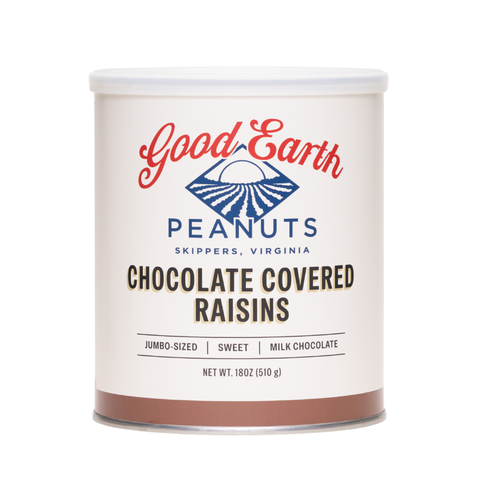 A 18 oz canister of Good Earth Peanuts Chocolate Covered Raisins on a solid white background.