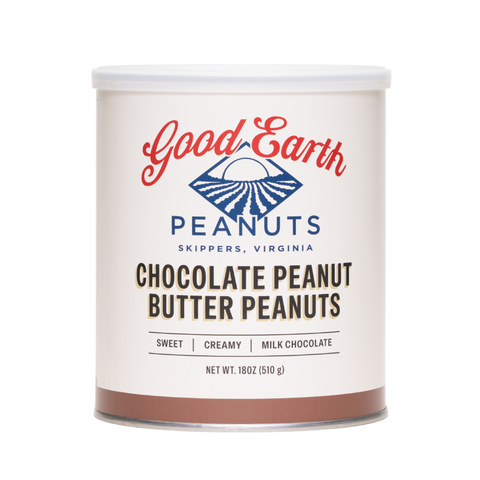 A white metal can of Good Earth Peanuts Chocolate Peanut Butter Peanuts on a plain white background.