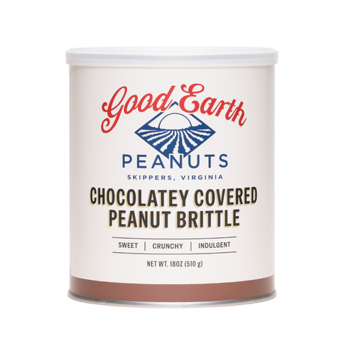 A white cylindrical canister of Good Earth Peanuts Chocolatey Covered Peanut Brittle, featuring a white lid and a label with red and blue branding, on a solid white background.