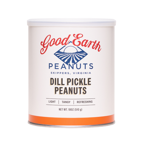 A white cylindrical canister of Good Earth Peanuts Dill Pickle Peanuts, featuring a white label with red and blue branding and an orange accent band at the bottom, set against a plain white background.
