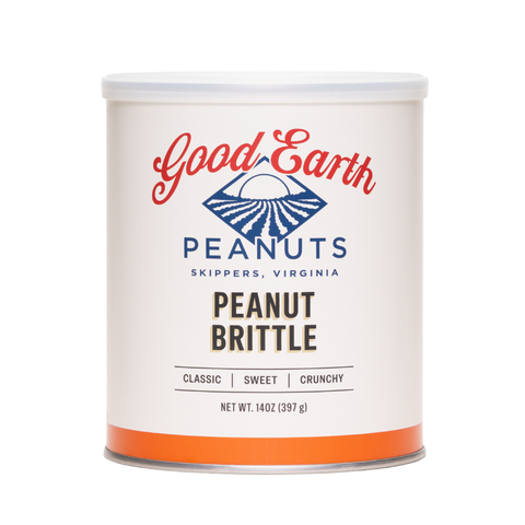 A white cylindrical canister of Good Earth Peanuts Peanut Brittle, featuring a white lid and a label with red, blue, and black text, set against a plain white background.