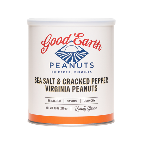 A canister of Good Earth Peanuts Sea Salt & Cracked Pepper Virginia Peanuts on a solid white background.