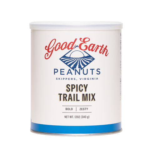 A 12 oz canister of Good Earth Peanuts Spicy Trail Mix on a solid white background. The canister is white with a blue and red Good Earth Peanuts logo and a blue band at the bottom.