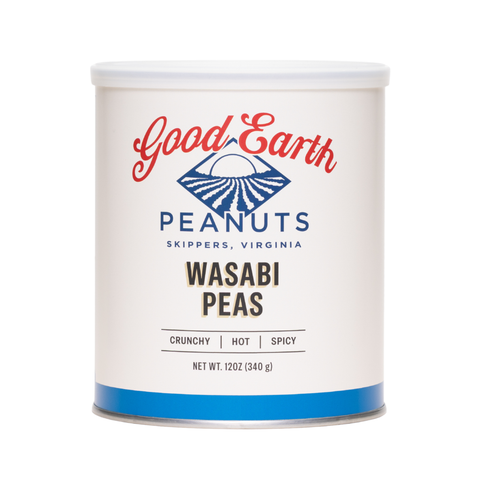 A 12 oz can of Good Earth Peanuts Wasabi Peas on a solid white background. The can features a white label with red and blue branding and black text.