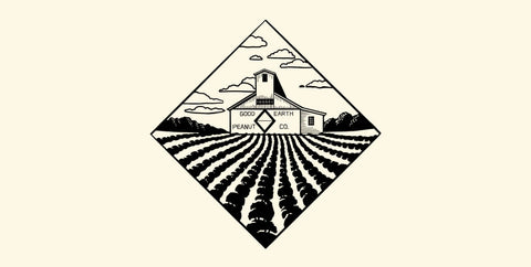 Logo of Good Earth Co with a farm scene and building on a beige background
