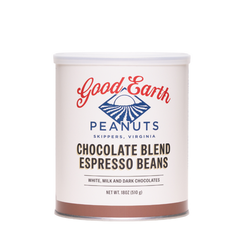 A white cylindrical canister of Good Earth Peanuts Chocolate Blend Espresso Beans, featuring a white label with red and blue branding and a brown band at the bottom, set against a plain white background.