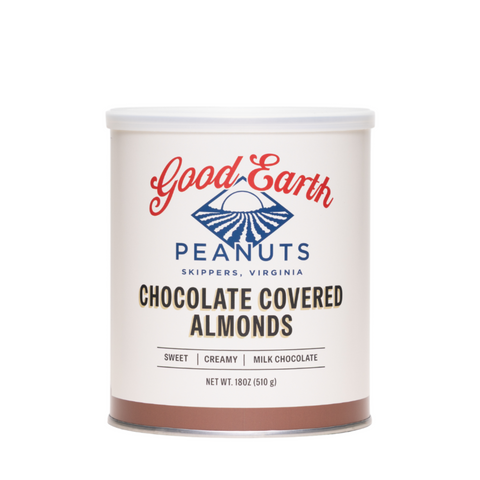 A canister of Good Earth Peanuts Chocolate Covered Almonds on a solid white background. The label features the brand name 'Good Earth' in red script, 'PEANUTS' in blue, and the product name 'CHOCOLATE COVERED ALMONDS' in dark brown text.
