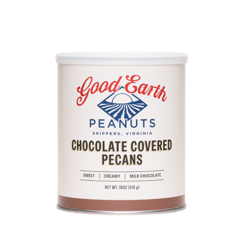 A photo of an 18oz. tin of chocolate covered pecans on a white background.