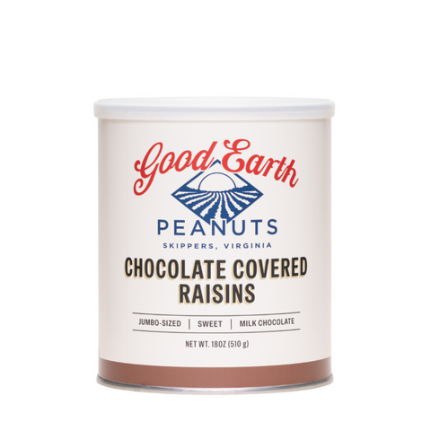 A 18 oz canister of Good Earth Peanuts Chocolate Covered Raisins on a solid white background.
