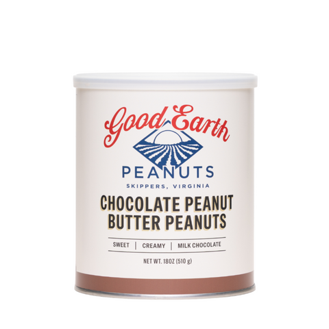 A white cylindrical canister of Good Earth Peanuts Dark Chocolate Peanuts, featuring a white lid and a label with red and blue branding, set against a plain white background.