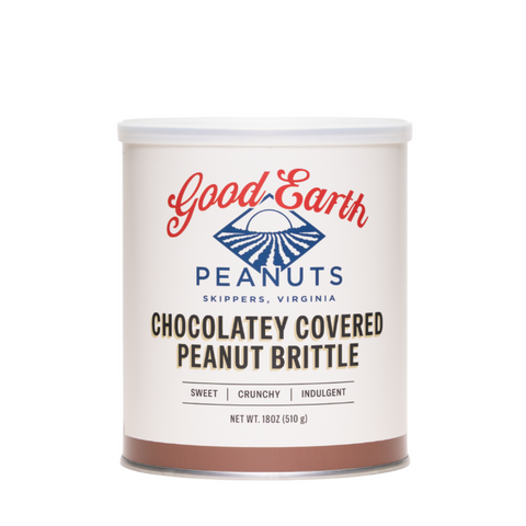 A white cylindrical canister of Good Earth Peanuts Chocolatey Covered Peanut Brittle, featuring a white lid and a label with red and blue branding, on a solid white background.