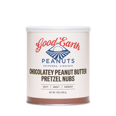 A photo of an 18oz. tin of chocolatey peanut butter pretzel nubs.