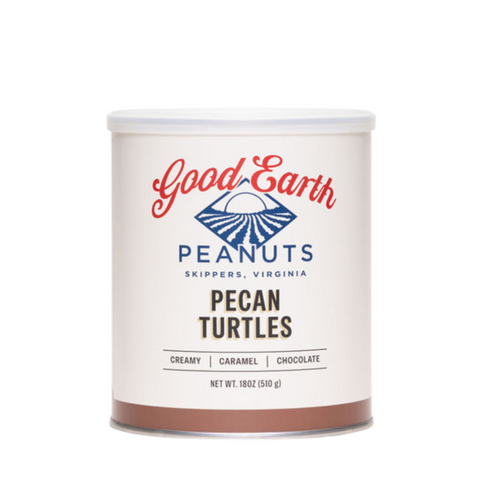 A photo of an 18oz. tin of good earth peanuts pecan turtles.