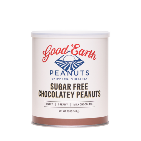 A white cylindrical canister of Good Earth Peanuts Salted Cashews, featuring a white lid and a label with red, blue, and black text, set against a plain white background.