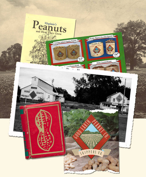 A collage of vintage and modern items related to peanuts and Good Farm Peanut Co., including a book titled 'Virginia's Peanuts and How They Grow,' printed peanut labels, a black-and-white photo of a peanut farm, and a red notebook with a gold peanut illustration.