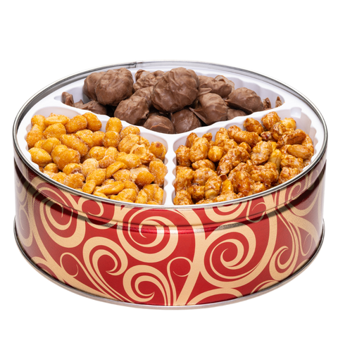 A round metal snack tin with three compartments filled with assorted peanuts and chocolates, set against a plain white background.