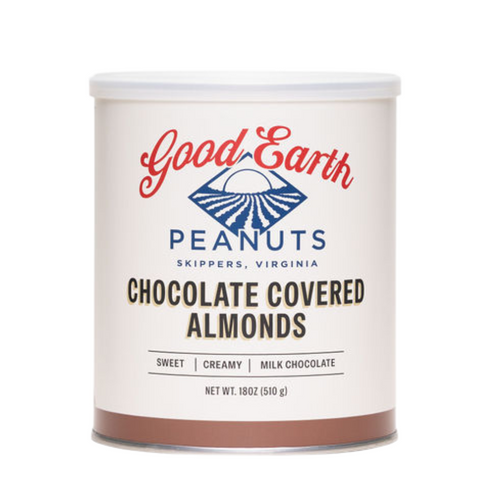 A canister of Good Earth Peanuts Chocolate Covered Almonds on a solid white background. The label features the brand name 'Good Earth' in red script, 'PEANUTS' in blue, and the product name 'CHOCOLATE COVERED ALMONDS' in dark brown text.