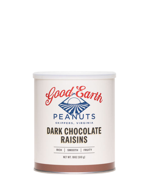 A canister of Good Earth Peanuts Dark Chocolate Raisins on a solid white background. The canister is off-white with a white lid, featuring the brand's red and blue logo and the product name in black and brown text.