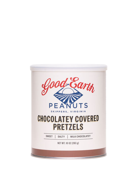 A 10 oz canister of Good Earth Peanuts Chocolatey Covered Pretzels, featuring a white label with red and blue branding, set against a plain white background.