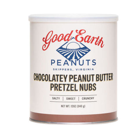 A canister of Good Earth Peanuts Chocolatey Peanut Butter Pretzel Nubs, featuring a white label with red and blue branding and a brown base showing the peanut butter color, on a white background.