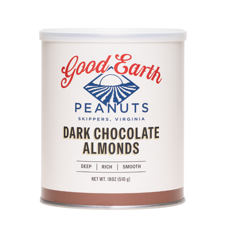 A canister of Good Earth Peanuts Dark Chocolate Almonds, featuring a white label with red and blue branding and a brown base representing the chocolate almond mix, set against a plain white background.