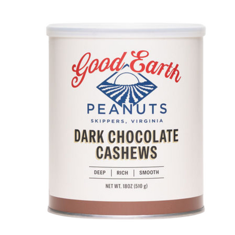 A white cylindrical canister of Good Earth Peanuts Dark Chocolate Cashews, featuring a white lid and a label with red and blue branding, set against a plain white background.