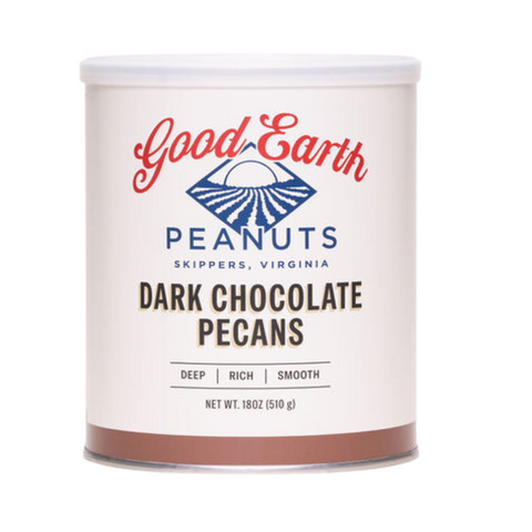 A white cylindrical canister of Good Earth Peanuts Dark Chocolate Pecans, featuring a white lid and a label with red and blue branding, set against a plain white background.
