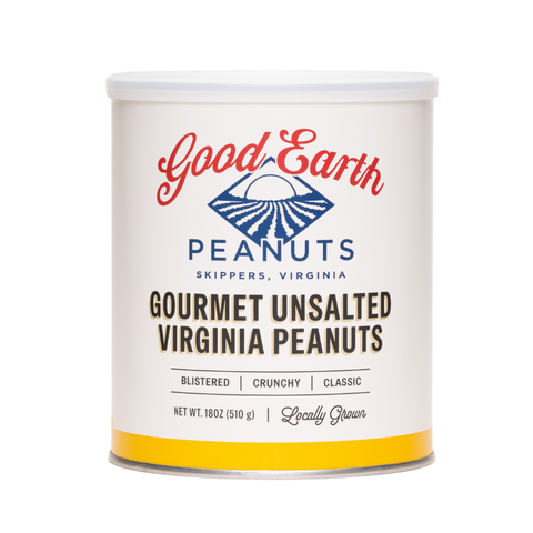 A 18 oz canister of Good Earth Peanuts Gourmet Unsalted Virginia Peanuts on a solid white background.