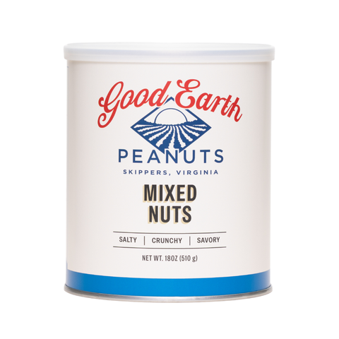 A white cylindrical metal canister of Good Earth Peanuts Mixed Nuts, featuring a white label with red and blue branding and text indicating it is from Skippers, Virginia.