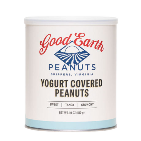 A 10 oz canister of Good Earth Yogurt Covered Peanuts on a solid white background. The canister is off-white with a white lid, featuring red and blue branding with black text.
