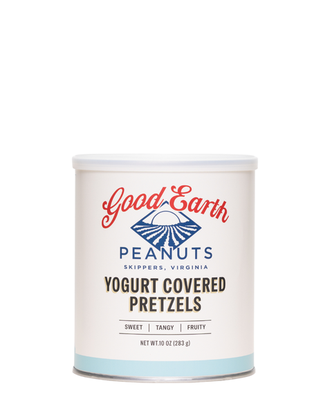 A canister of Good Earth Yogurt Covered Pretzels, featuring a white label with red and blue branding and a light blue band at the bottom, set against a plain white background.
