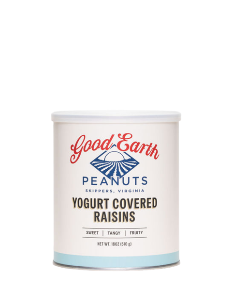 A white canister of Good Earth Peanuts Yogurt Covered Raisins, featuring a white lid and a label with red, blue, and black text, set against a plain white background.