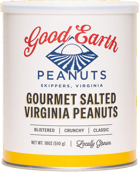 A white cylindrical canister of Good Earth Peanuts Gourmet Salted Virginia Peanuts, featuring a white label with red, blue, and black text and a yellow band at the bottom.