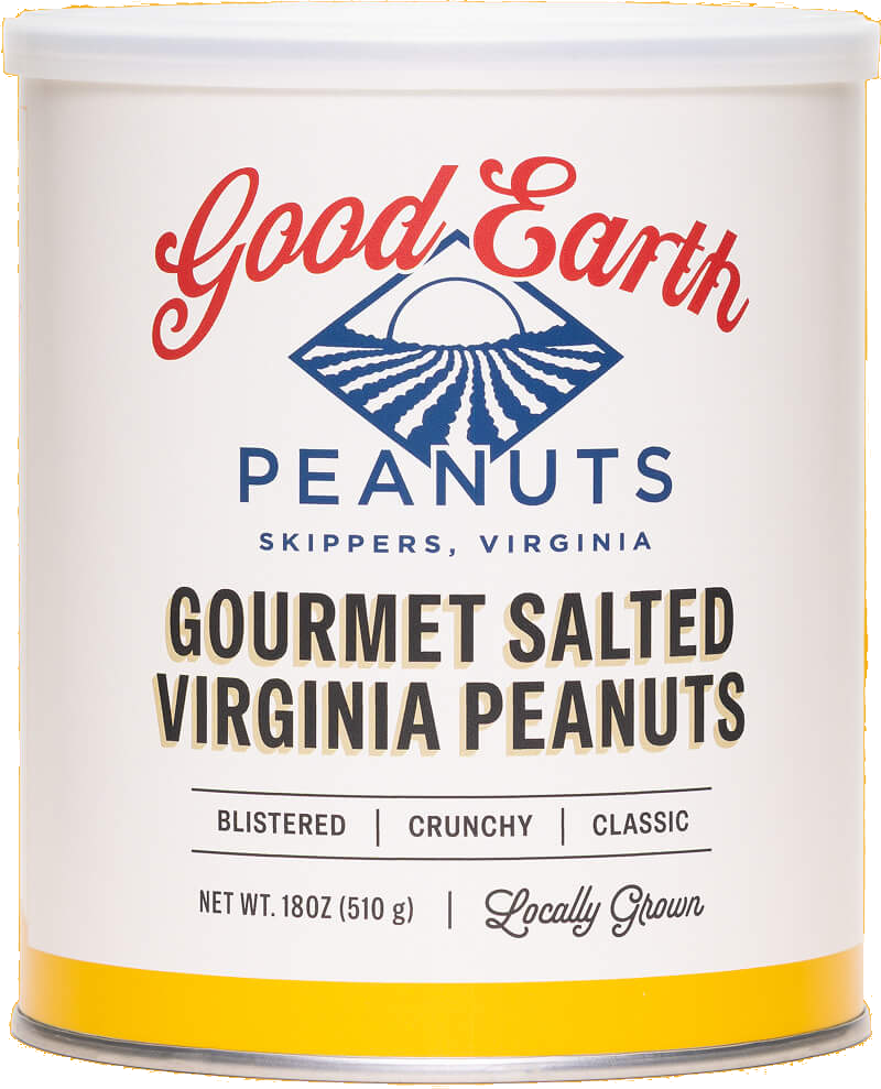 A white cylindrical canister of Good Earth Peanuts Gourmet Salted Virginia Peanuts, featuring a white label with red, blue, and black text and a yellow band at the bottom.