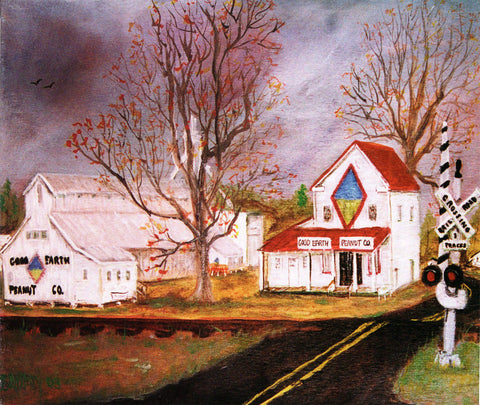 Painting of a rural scene with a barn and Good Earth Peanut company building, featuring a train crossing sign.