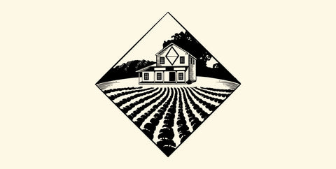 Black and white illustration of good earth peanuts store with crops on a beige background